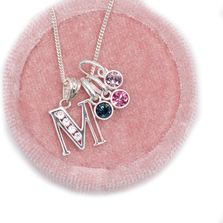Sparkle Alphabet Initial Pendant Necklace in Silver with Birthstone