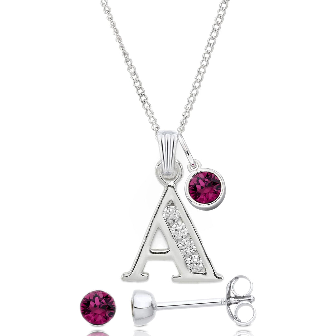 Initial and Birthstone Necklace and Earrings Gift Set In Silver