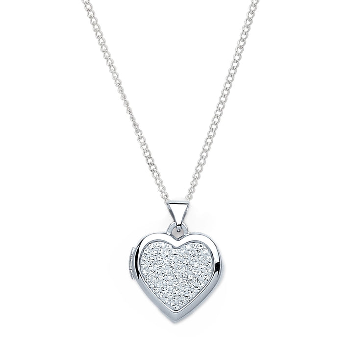 Sparkle Crystal Heart Locket Pendant Necklace in Silver