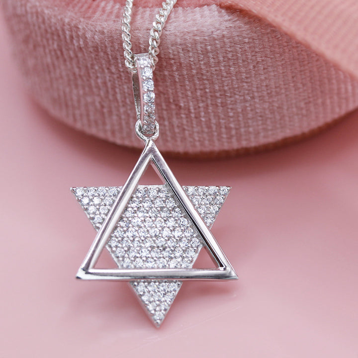 Star Of David Crystal And Plain Necklace In Silver