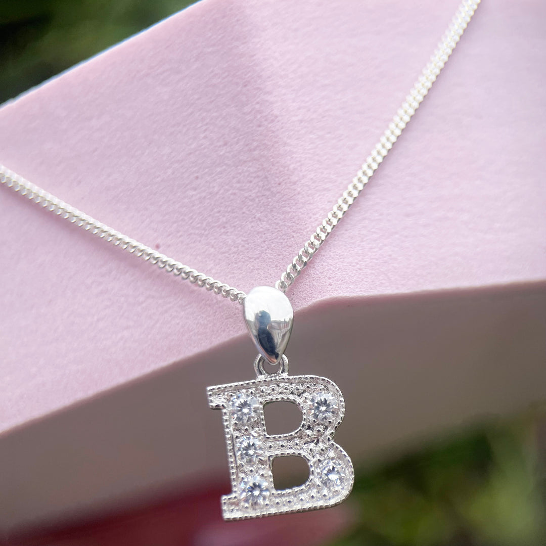 Statement Sparkle Crystal Alphabet Initial Pendant Necklace in Silver