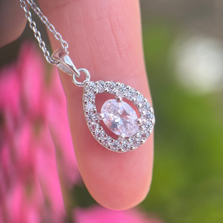 Teardrop Pear Shape Crystal Pendant Necklace in Silver