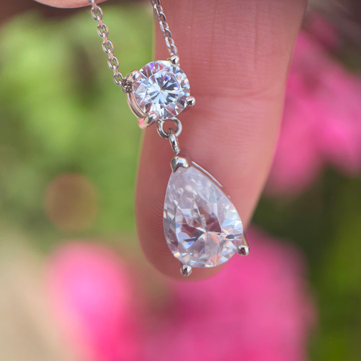 Teardrop Pear & Round Cut Crystals Pendant Necklace in Silver