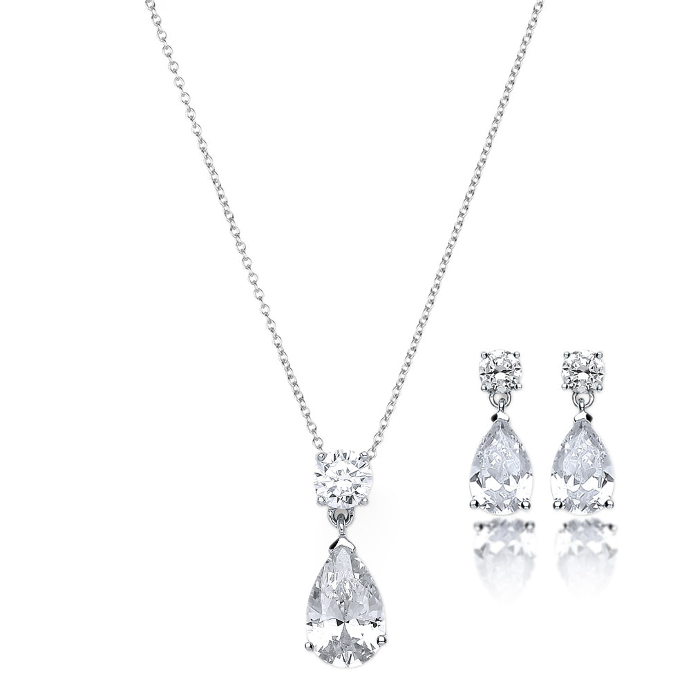 Teardrop Pear & Round Cut Earrings And Necklace Gift Set In Silver