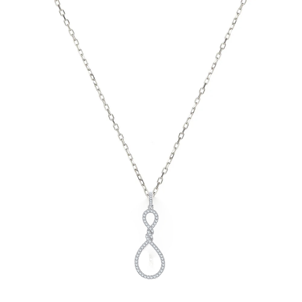 Teardrop Twist CZ Necklace On Diamond Cut Trace Rh. Plated Chain In Silver