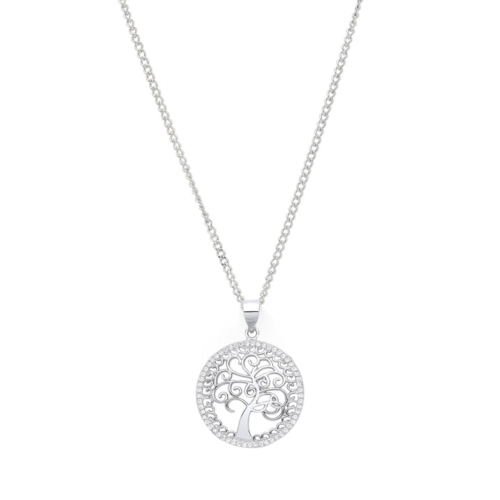 Tree Of Life Crystal Pendant Necklace in Silver