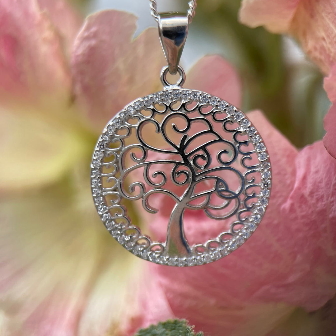 Tree Of Life Crystal Pendant Necklace in Silver