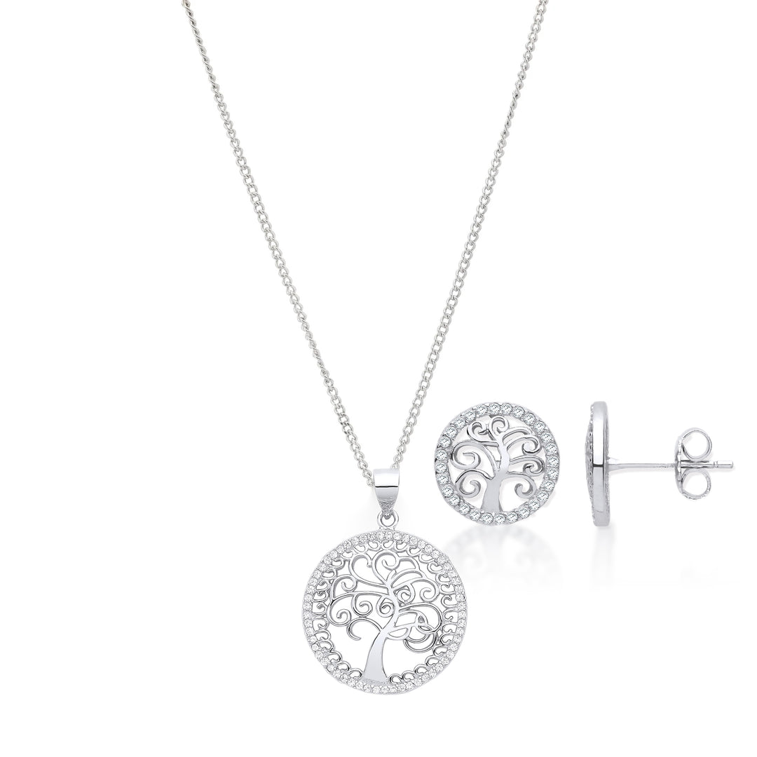 Tree Of Life Stud Earrings and Necklace Gift Set in Silver