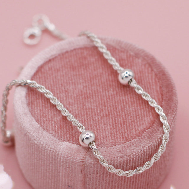 Waterproof Fancy Rope Anklet With Beads In Silver