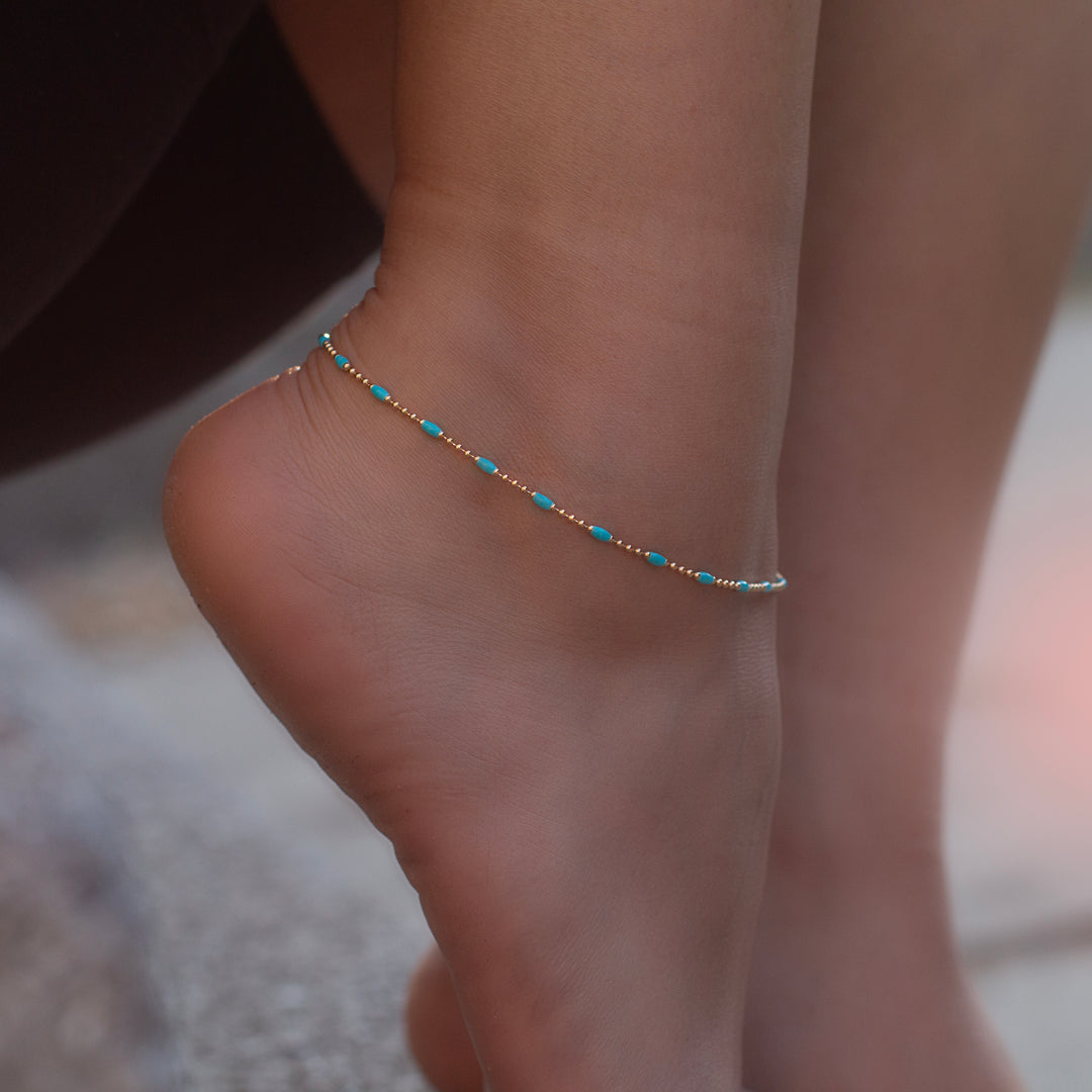 Blue/ Pink Enamel Anklet in YG Plated Silver