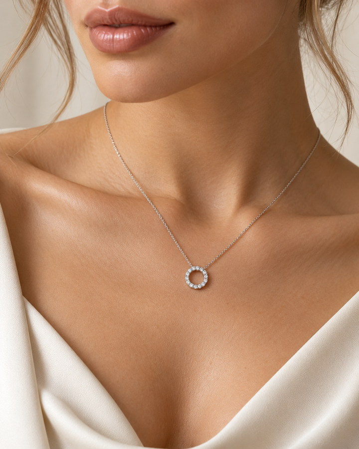 0.35ct Lab-Grown Diamond Circle of Life Necklace in 9ct White Gold worn on model #metal_9ct-white-gold