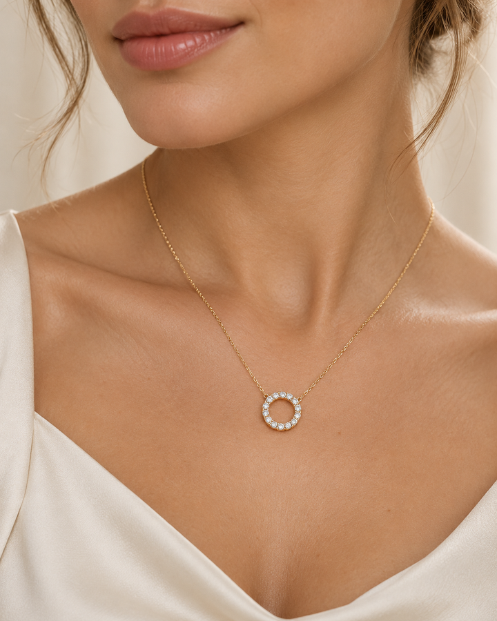 0.35ct Lab-Grown Diamond Circle of Life Necklace in 9ct Yellow Gold worn on model #metal_9ct-yellow-gold