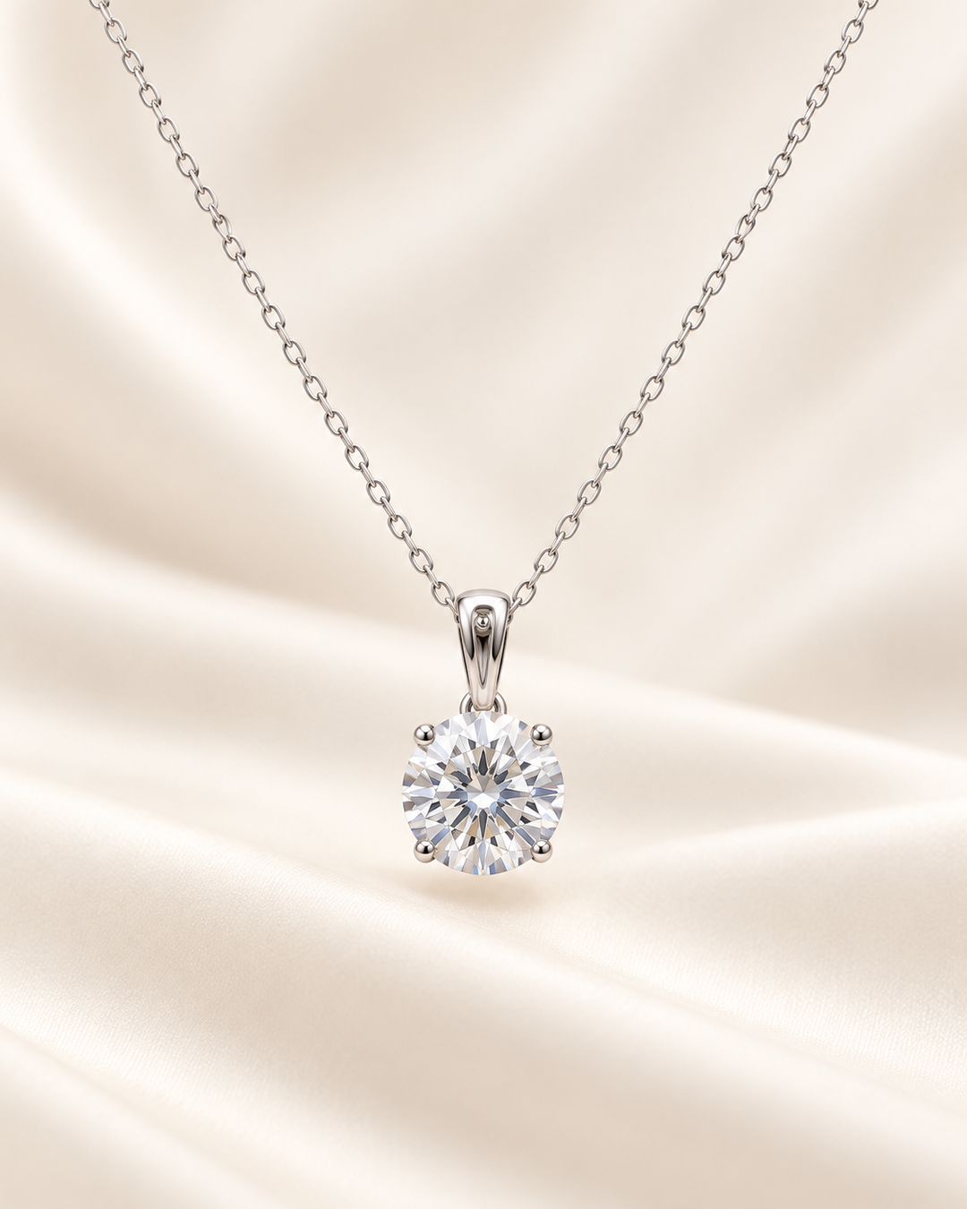 Classic round solitaire pendant necklace in 18ct White Gold on cream satin #metal_18ct-white-gold