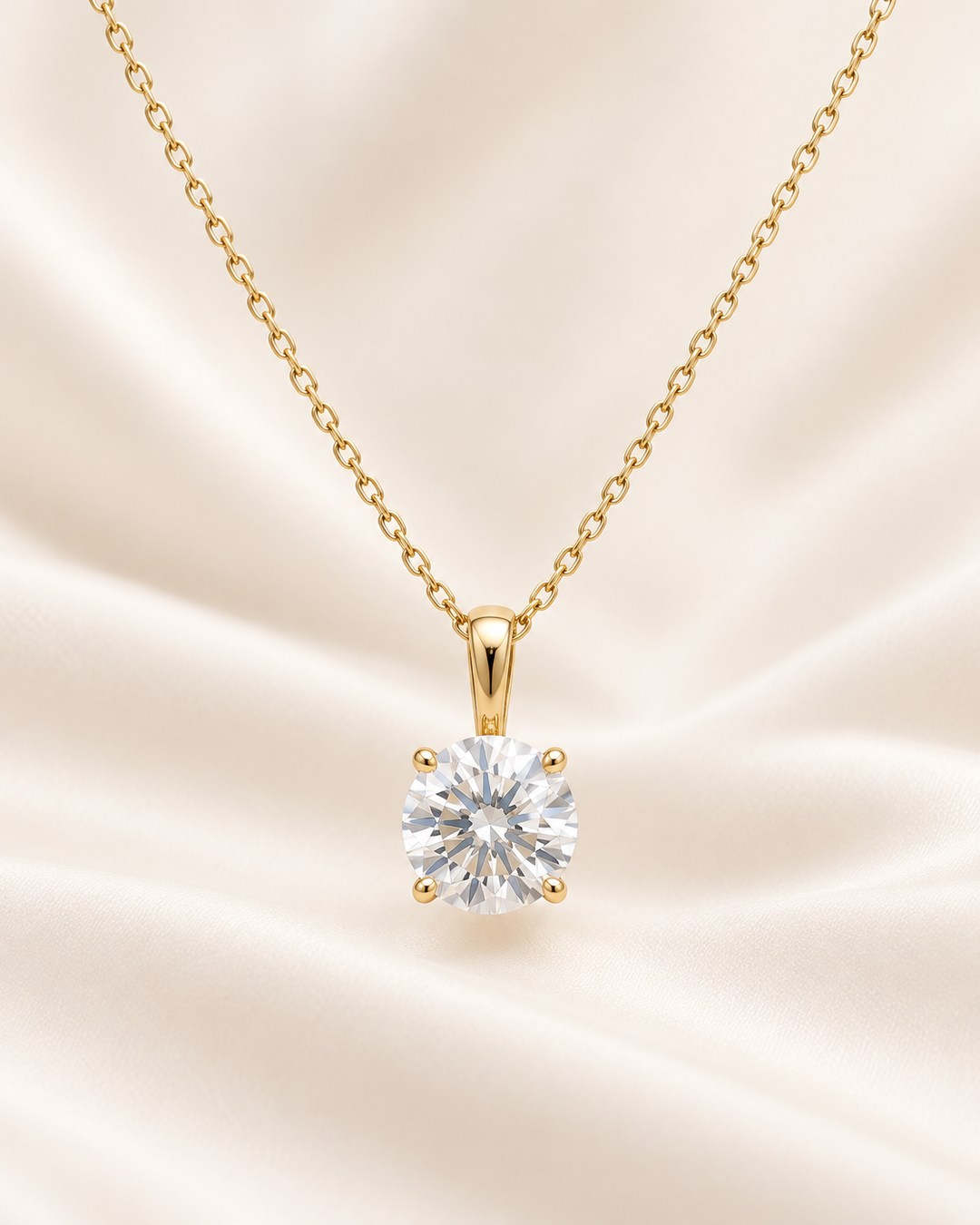 Classic round solitaire pendant necklace in 18ct Yellow Gold on cream satin #metal_18ct-yellow-gold