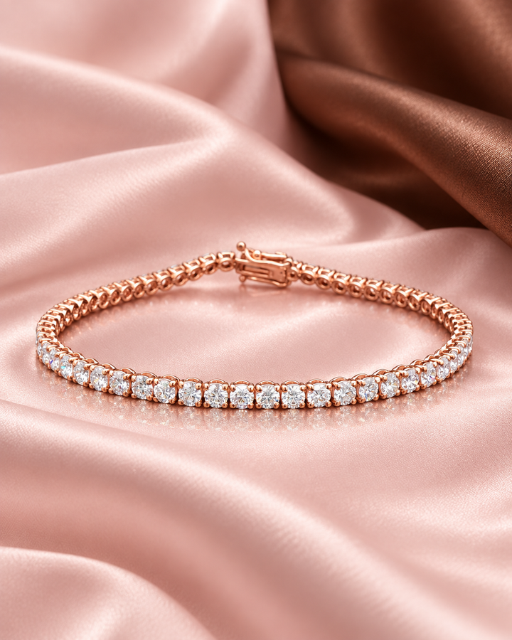 5ct classic rose-gold tennis bracelet on pink and brown satin