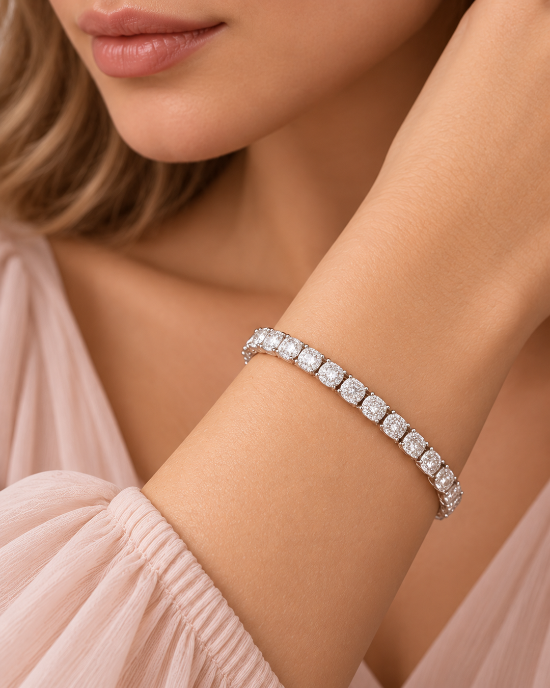 Classic tennis bracelet worn by elegant model, lips and chin only, portrait