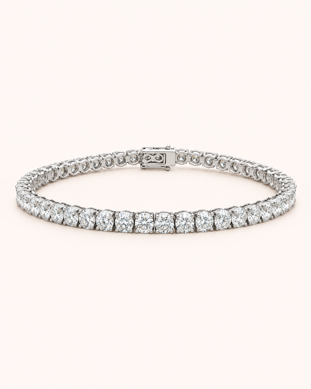 Classic lab-grown diamond tennis bracelet on soft ivory background
