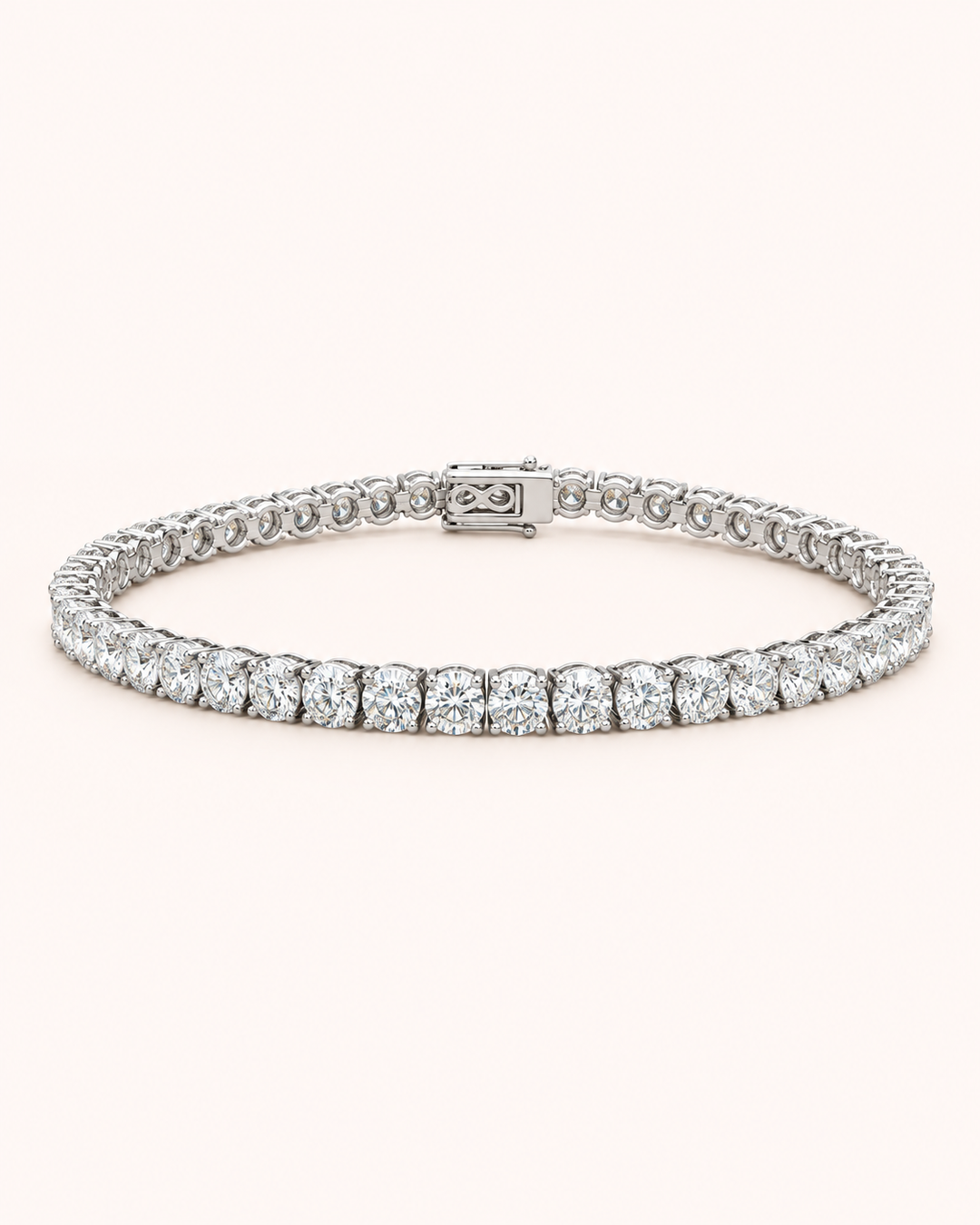 Classic lab-grown diamond tennis bracelet on soft ivory background