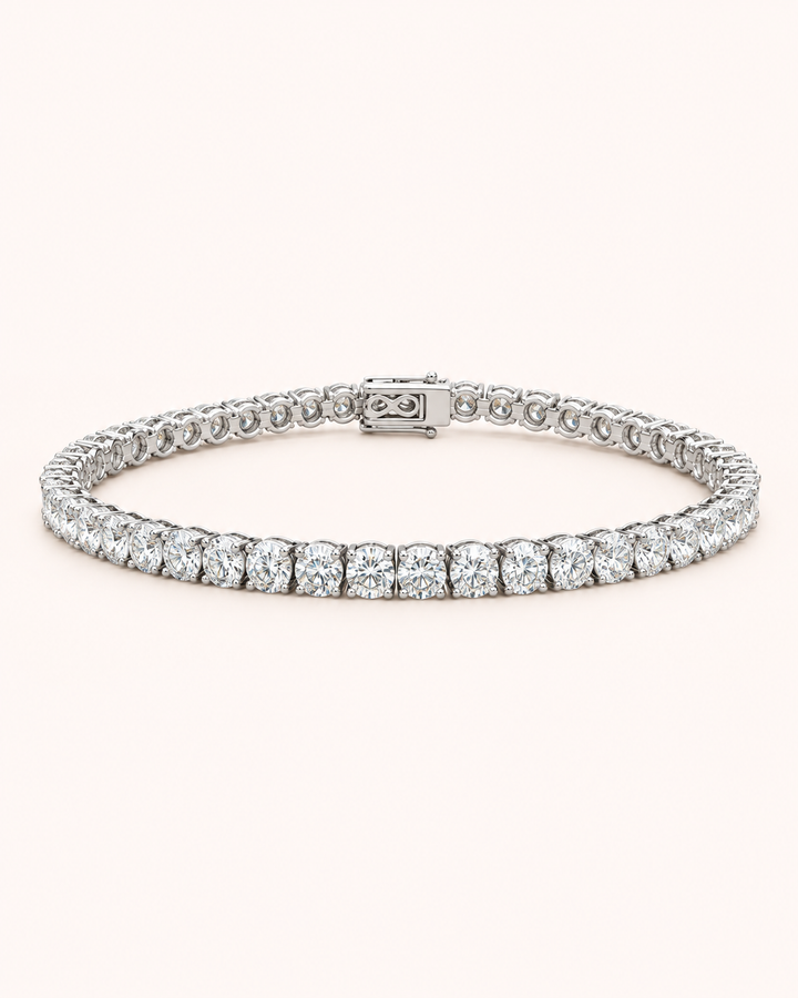 Classic lab-grown diamond tennis bracelet on soft ivory background