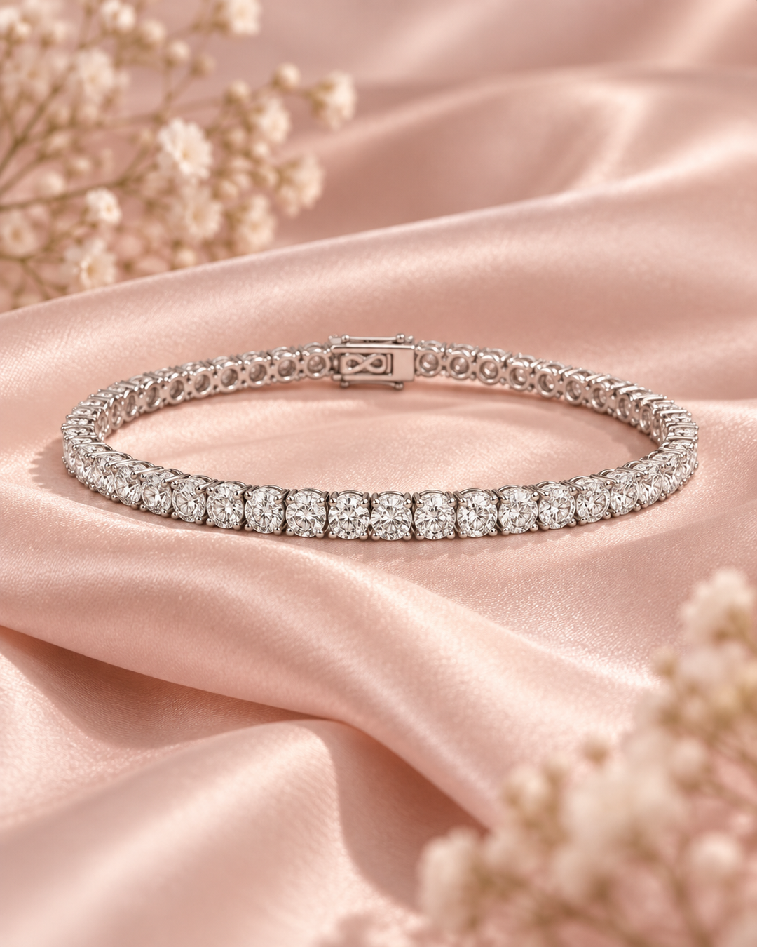 Classic lab-grown diamond tennis bracelet on soft blush satin