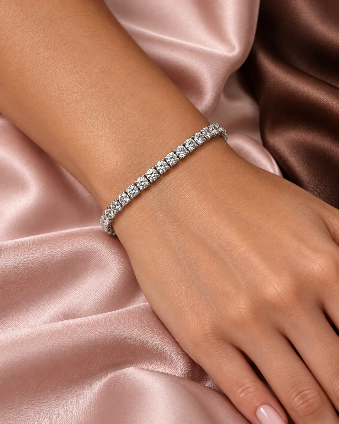 5ct classic white-gold tennis bracelet worn on wrist