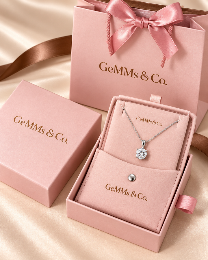 GeMMs & Co. luxury packaging with classic round solitaire pendant necklace #metal_18ct-white-gold