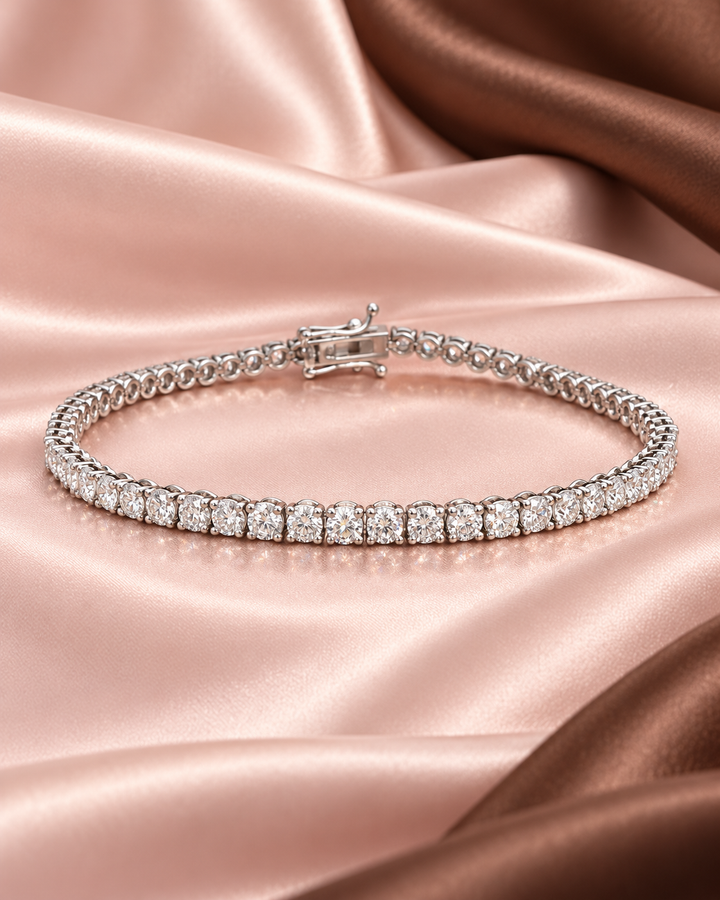 5ct classic white-gold tennis bracelet on pink and brown satin