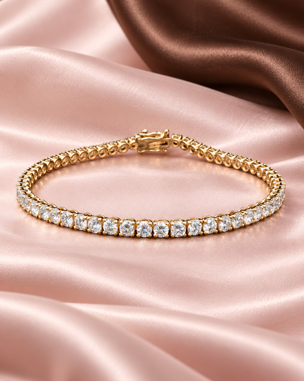 5ct classic yellow-gold tennis bracelet on pink and brown satin