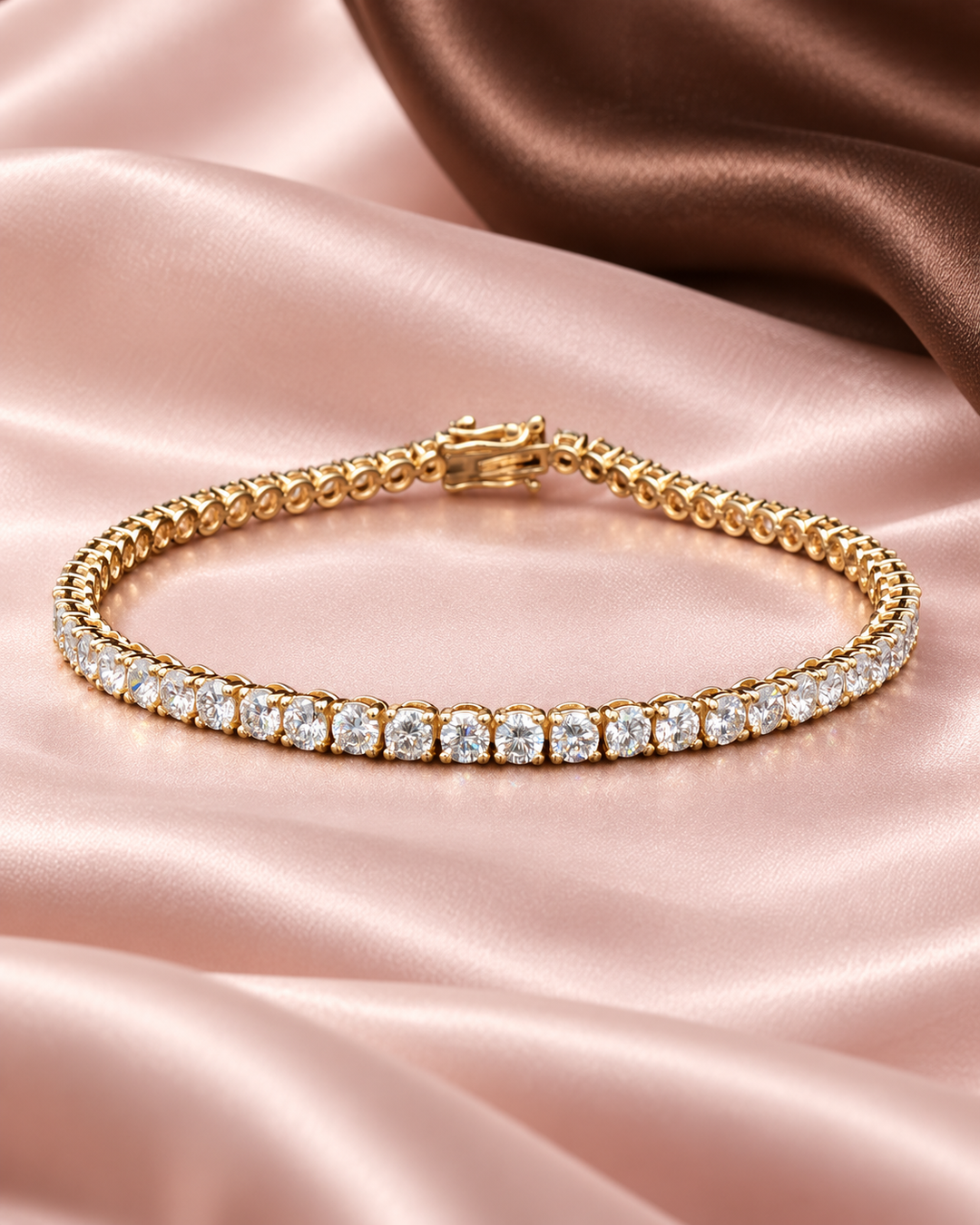 5ct classic yellow-gold tennis bracelet on pink and brown satin