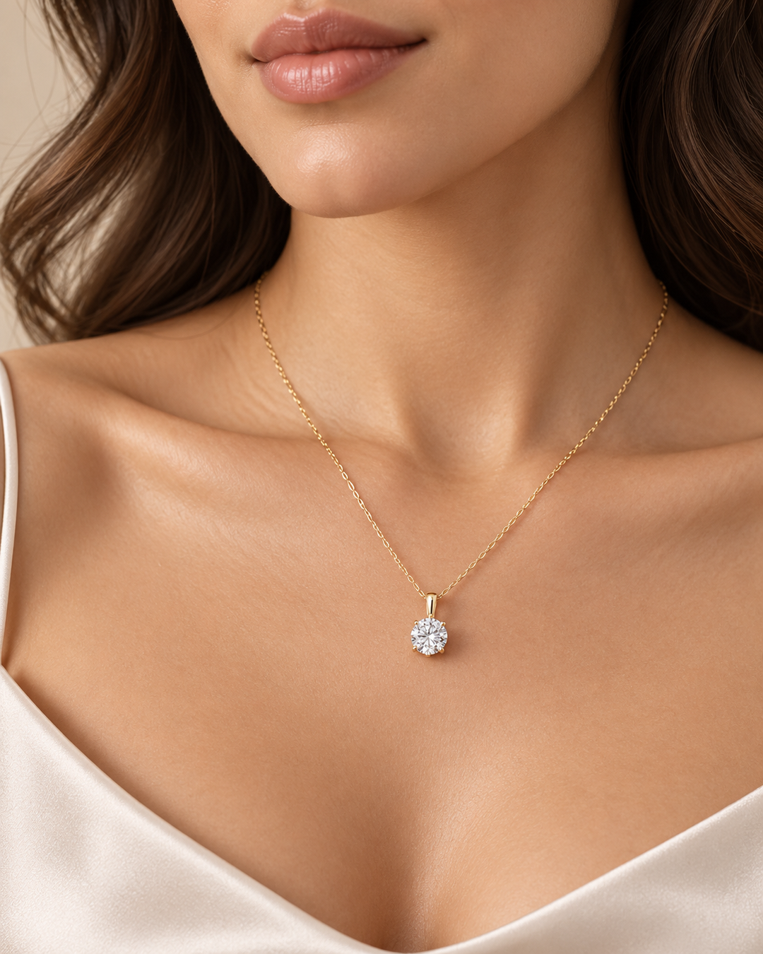 Classic round solitaire pendant necklace in 9ct Yellow Gold worn on model #metal_9ct-yellow-gold