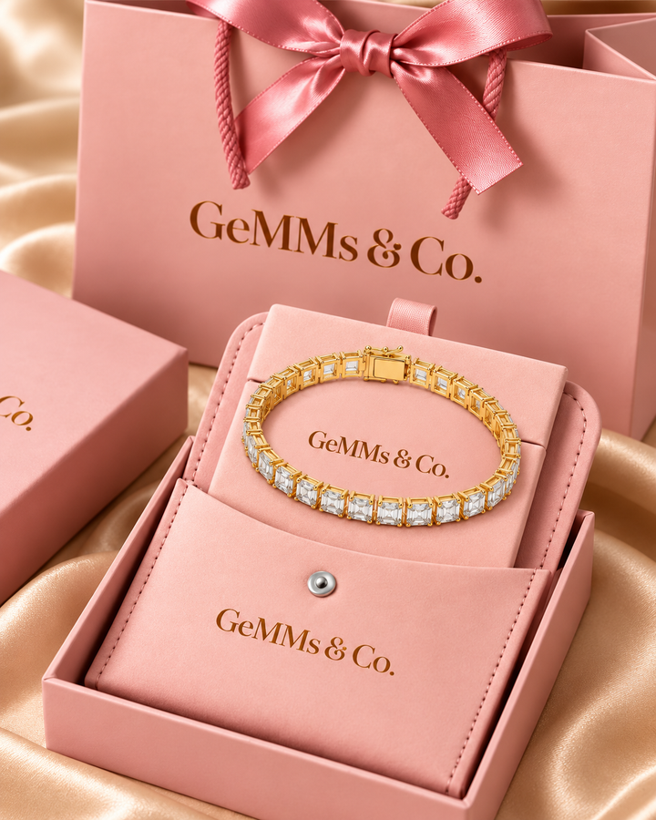 Emerald Cut Lab-Grown Diamond Tennis Bracelet in GeMMs & Co. blush pink luxury packaging