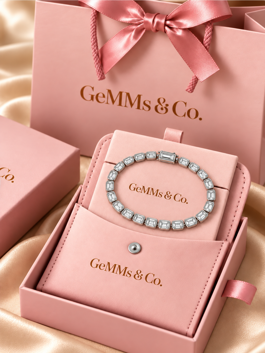 Emerald Cut Rub Over Lab-Grown Diamond Tennis Bracelet in GeMMs & Co. blush pink luxury packaging