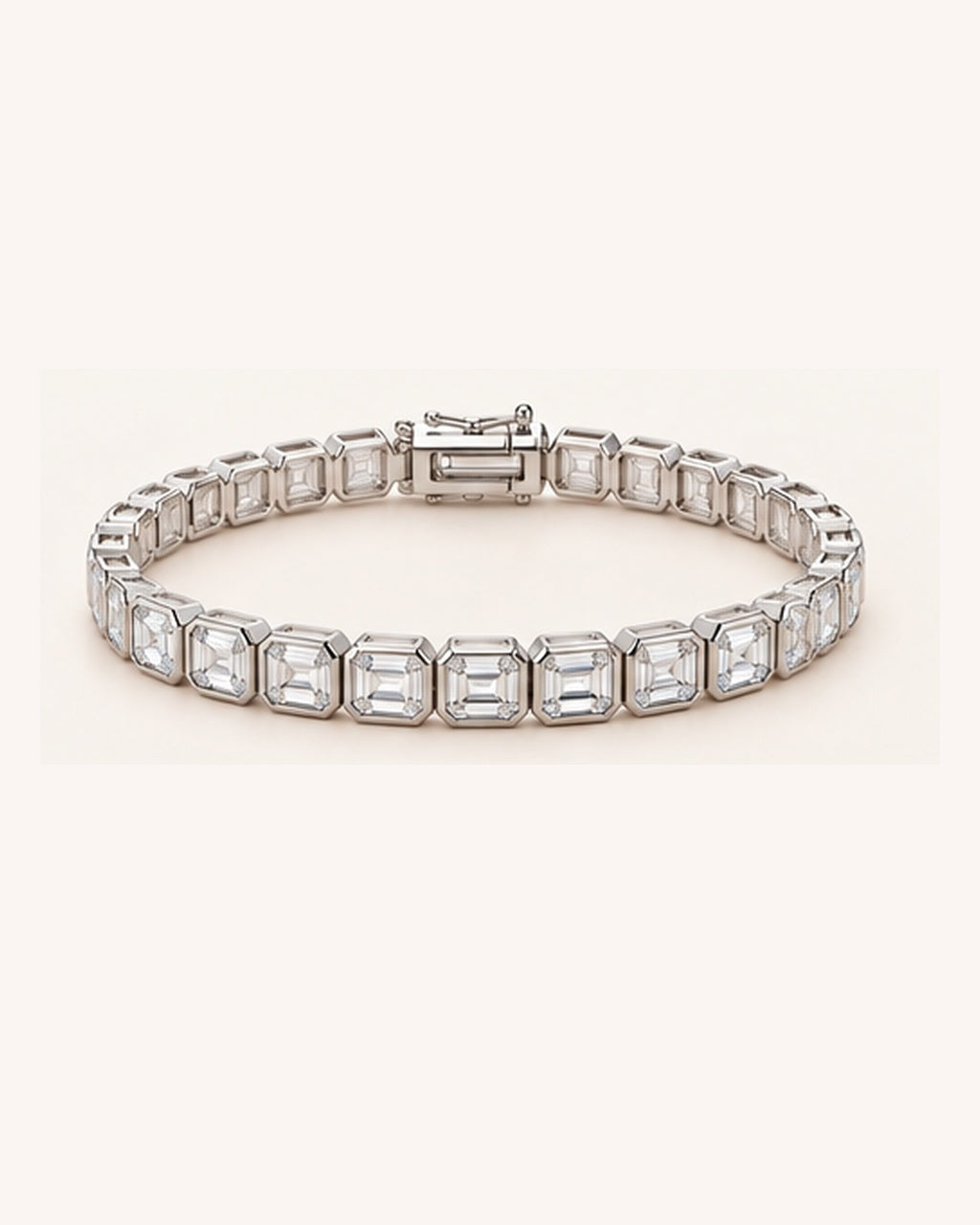 Emerald Cut Rub Over Lab-Grown Diamond Tennis Bracelet on clean cream background with soft natural shadow