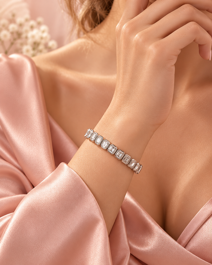 Emerald Cut Rub Over Lab-Grown Diamond Tennis Bracelet worn on wrist