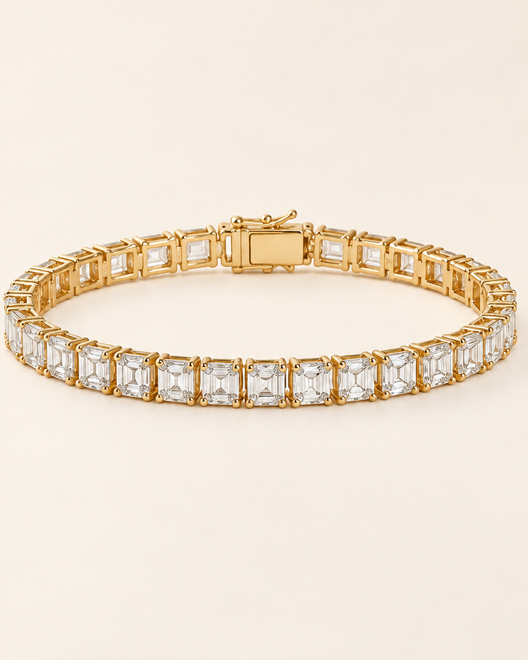 Emerald Cut Lab-Grown Diamond Tennis Bracelet in 9ct yellow gold on full cream background