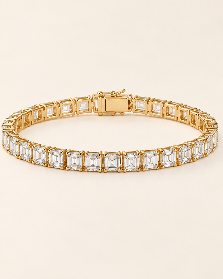 Emerald Cut Lab-Grown Diamond Tennis Bracelet in 9ct yellow gold on full cream background