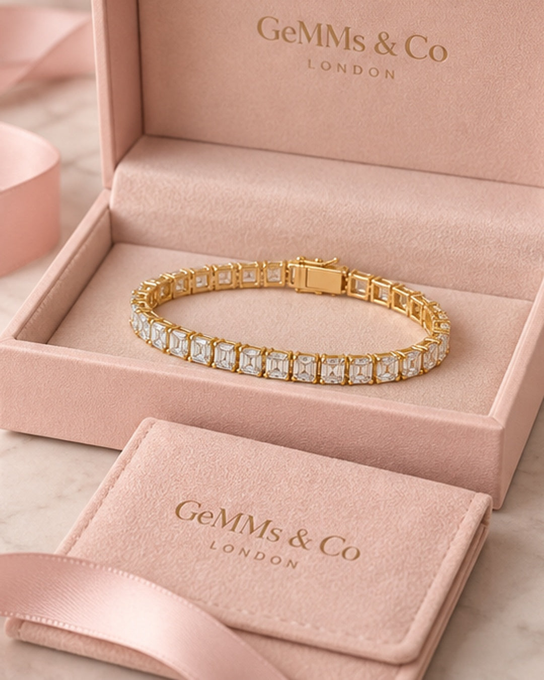 Emerald cut lab-grown diamond tennis bracelet in GeMMs luxury packaging