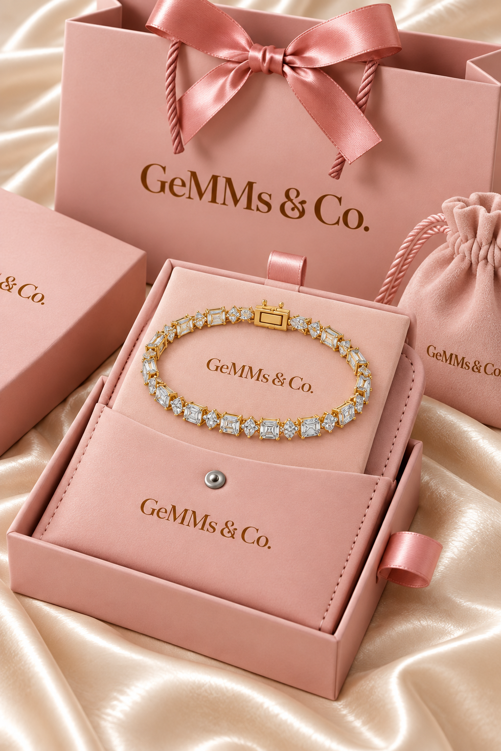 Emerald & Marquise Lab-Grown Diamond Tennis Bracelet in GeMMs & Co. blush pink luxury packaging