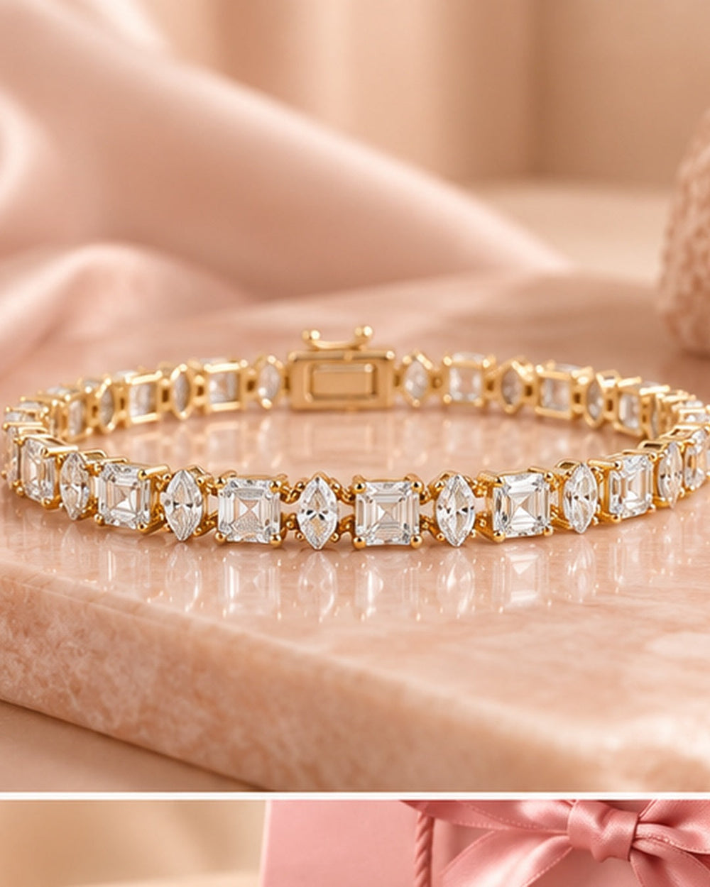 Emerald and Marquise lab-grown diamond tennis bracelet styled on blush background