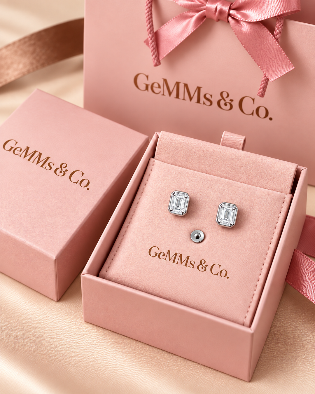 Emerald-cut rub-over lab-grown diamond studs in 9ct white gold — packaging #metal_9ct-white-gold