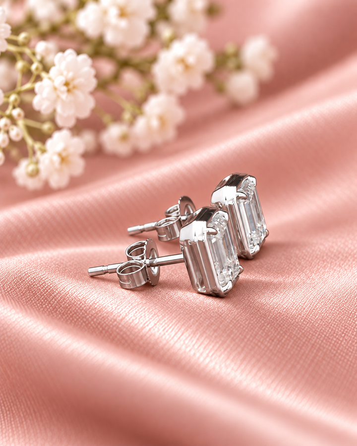 Emerald-cut rub-over lab-grown diamond studs in 9ct white gold — styled #metal_9ct-white-gold