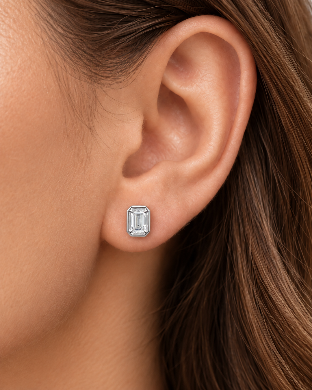 Emerald-cut rub-over lab-grown diamond studs in 9ct white gold — worn #metal_9ct-white-gold
