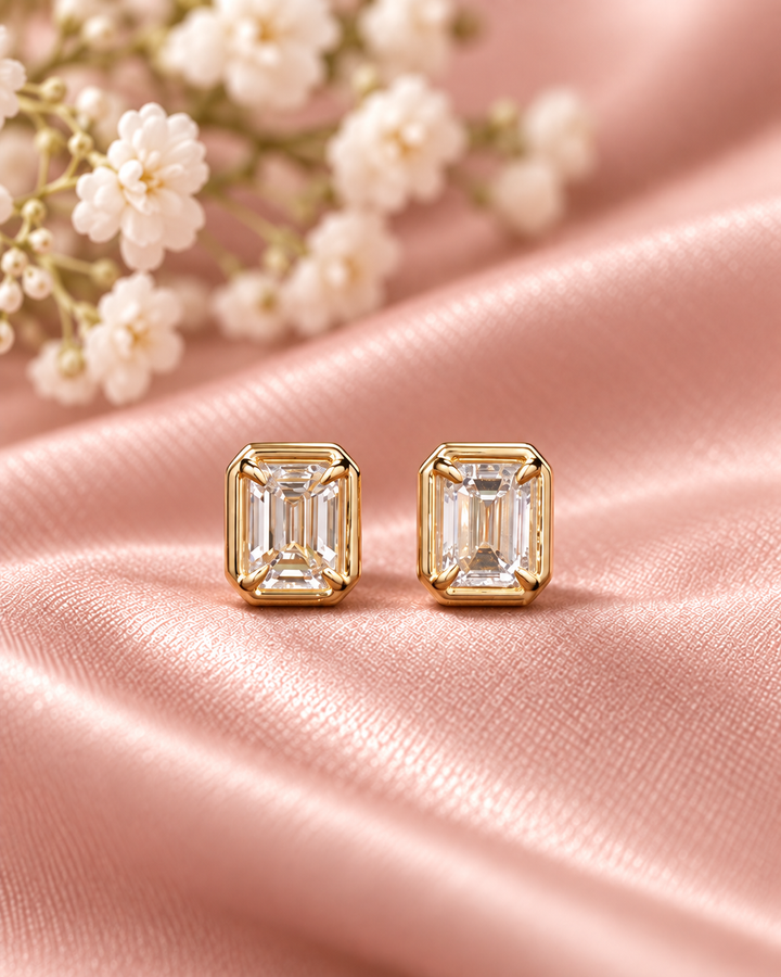 Emerald-cut rub-over lab-grown diamond studs in 9ct yellow gold — styled #metal_9ct-yellow-gold