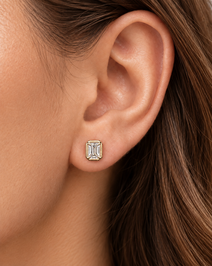 Emerald-cut rub-over lab-grown diamond studs in 9ct yellow gold — worn #metal_9ct-yellow-gold