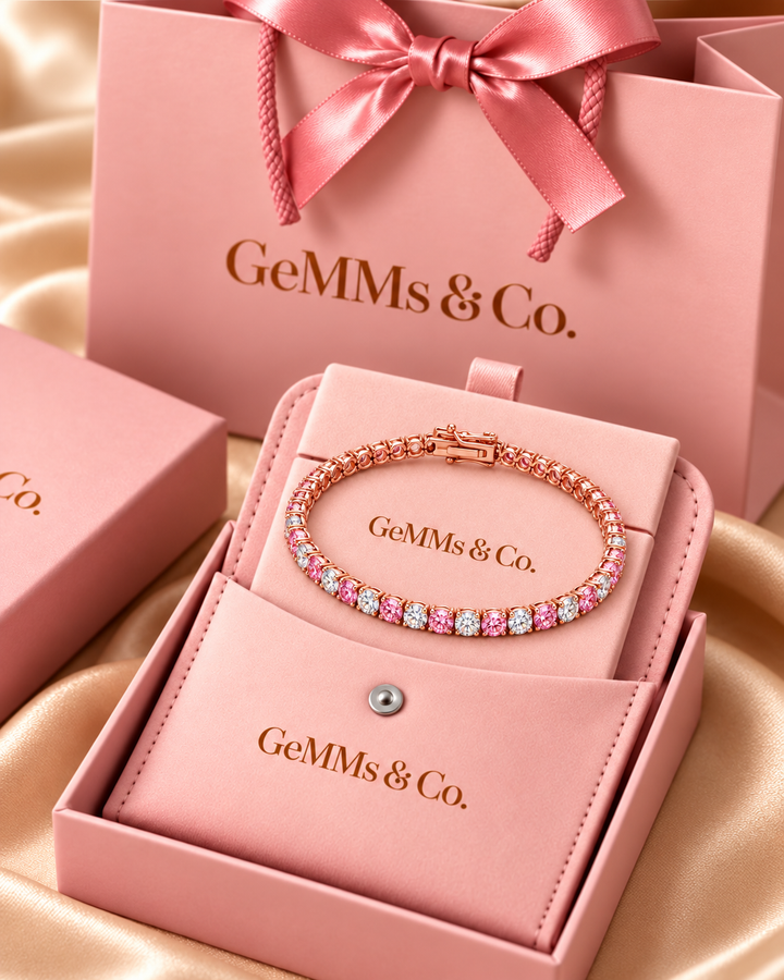 Fancy Coloured Lab-Grown Diamond Classic Tennis Bracelet in rose gold with alternating pink and white diamonds in GeMMs & Co. blush pink luxury packaging