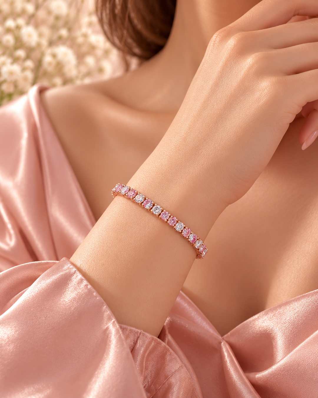 Fancy Coloured Lab-Grown Diamond Classic Tennis Bracelet worn on wrist