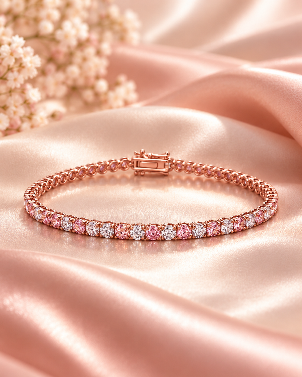 Fancy Coloured Lab-Grown Diamond Classic Tennis Bracelet styled on blush satin