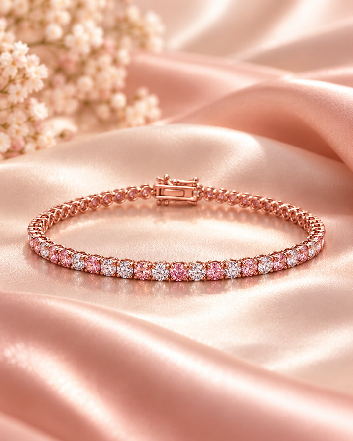 Fancy Coloured Lab-Grown Diamond Classic Tennis Bracelet styled on blush satin