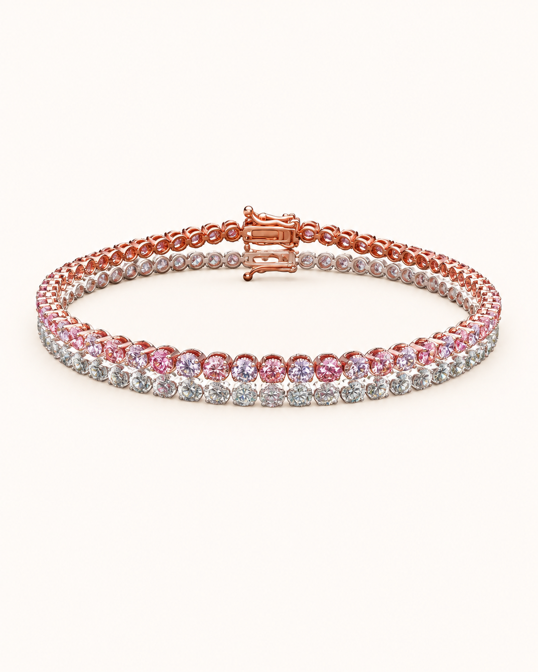 Fancy Coloured Lab-Grown Diamond Crown Tennis Bracelet on full cream background