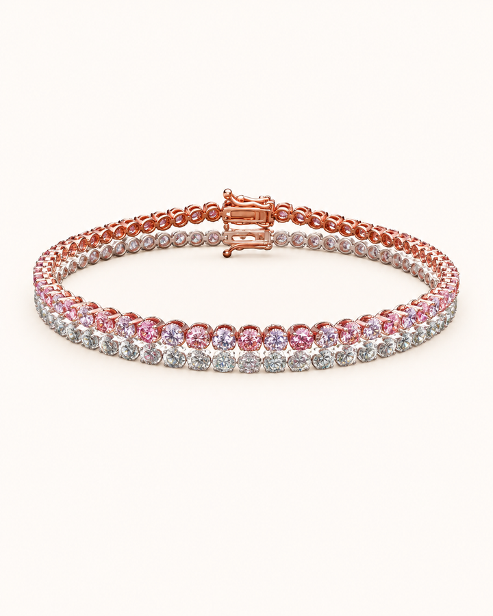 Fancy Coloured Lab-Grown Diamond Crown Tennis Bracelet on full cream background